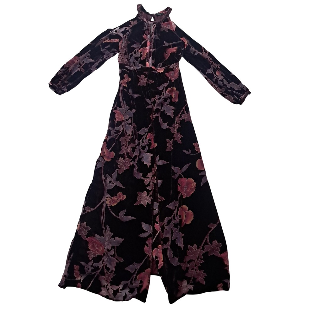 Parker Black Floral Velvet Maxi Dress Womens 10 Red Maroon Burnout Cold Shoulder